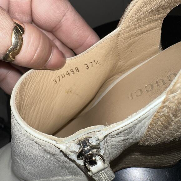 Authentic GUCCI Cream Leather Raffia Jute Wedge Heel Slingback Sandals EU 37.5 - Picture 9 of 11
